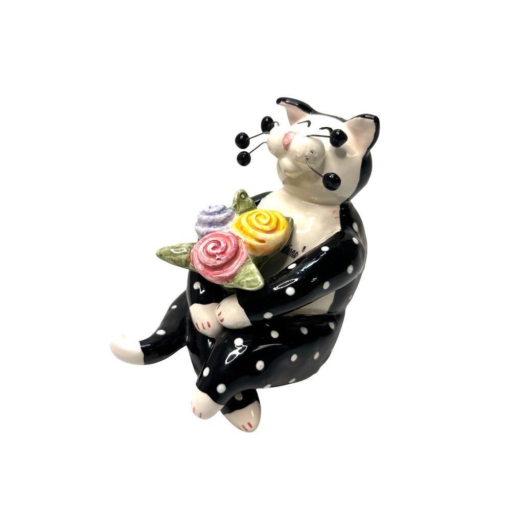 AS IS Whimsiclay by Amy Lacombe Cat Sculpture Figurine 2001 Black w Flowers